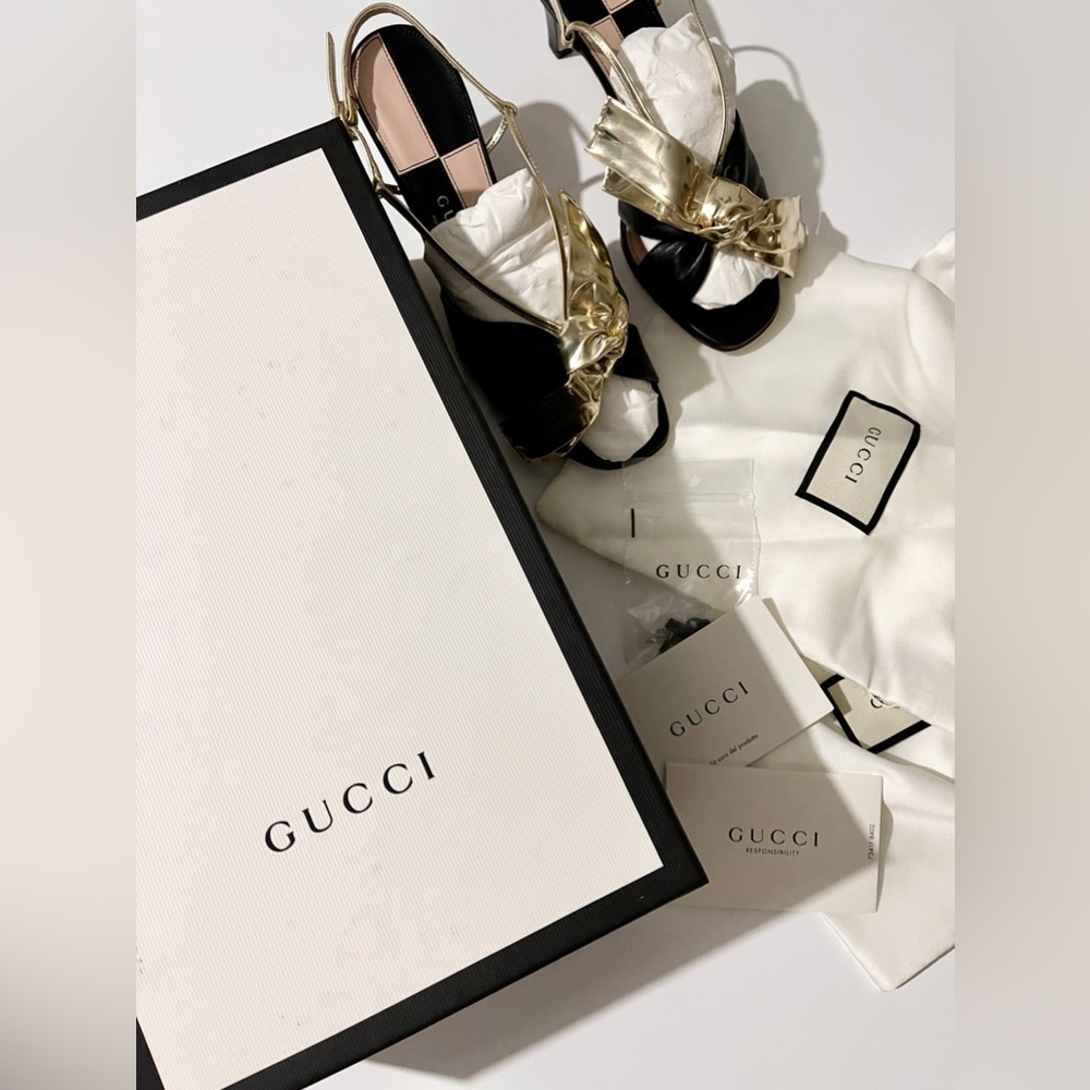 NEW, Authentic Gucci Slingback Kitten-Heel Sandals in Black and Gold - Picture 11 of 13